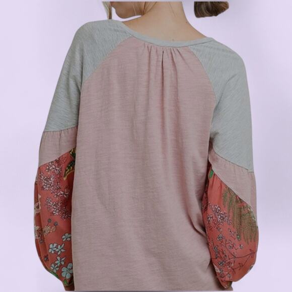 UMGEE Balloon Sleeve Pink Gray Floral Boho Oversized Pullover Top - Size S - Picture 2 of 9